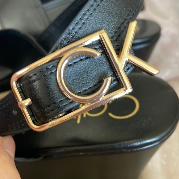 Brand New Calvin Klein Platform Black & Gold Tone Ankle Strap Buckle Sandals - Picture 3 of 13